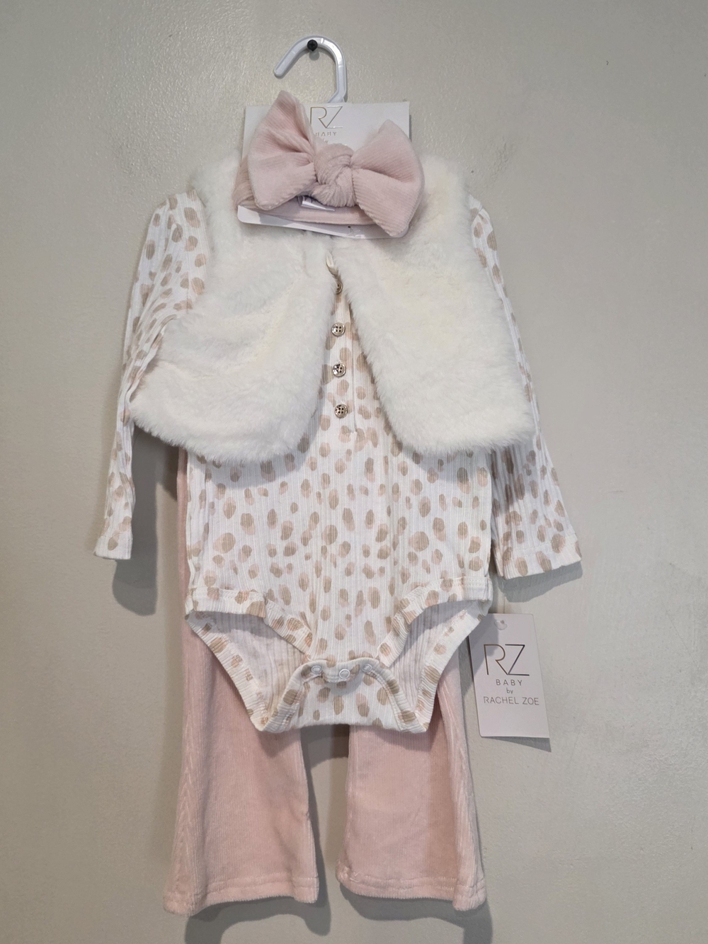 NWT RZ Baby by Rachel Zoe 4pc Pants Set 18M Pink/White Polka Dot Bow Princess